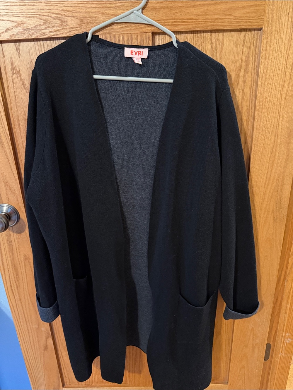 EVRI Black Open-Front Long Cardigan with Front Pockets